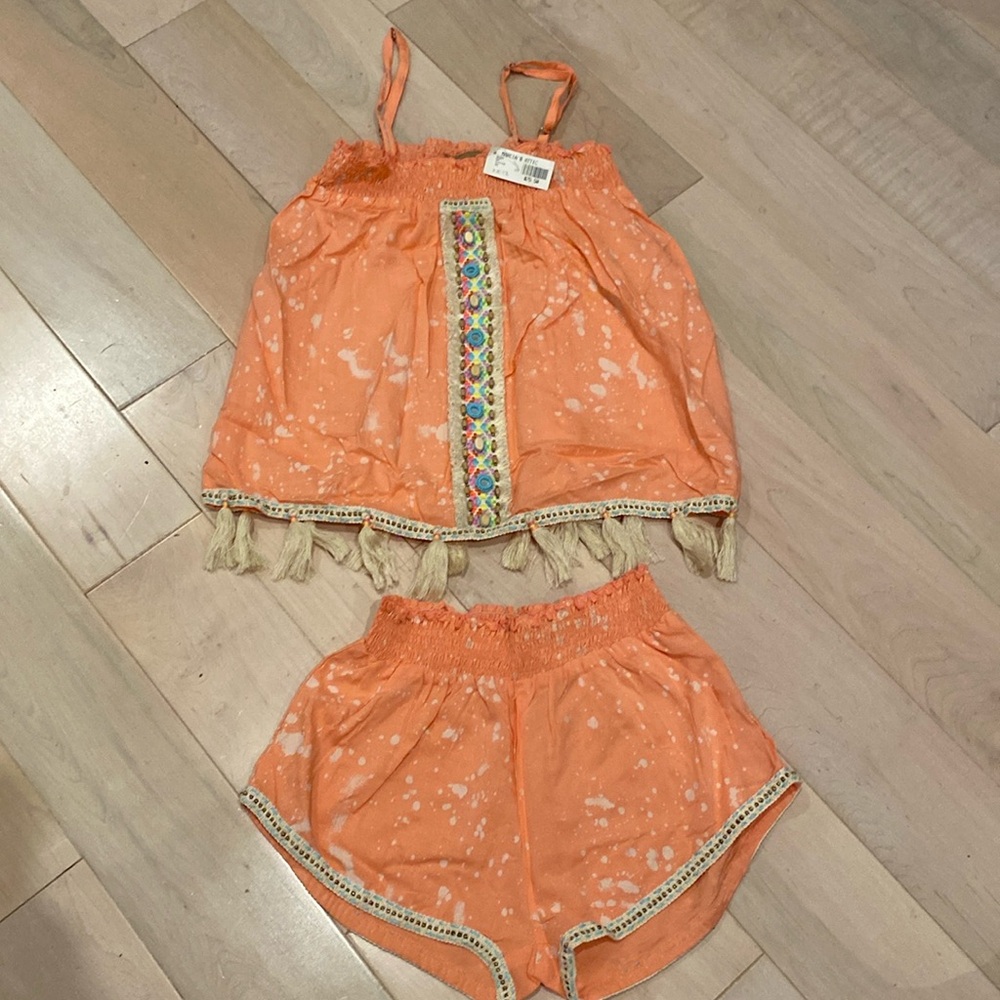 Skemo pink embroidered beaded trim tank top shorts set